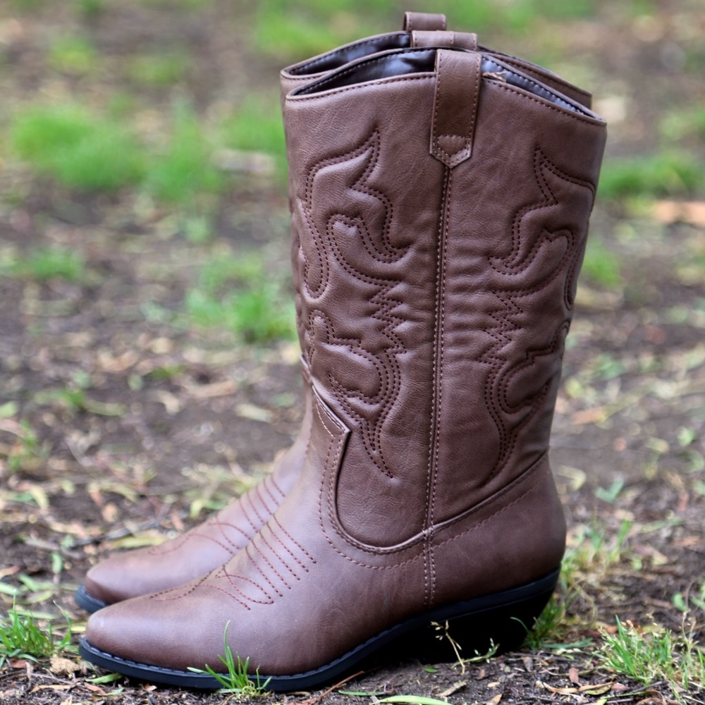 New Tan Brown Western Cowboy Mid-Calf Boots